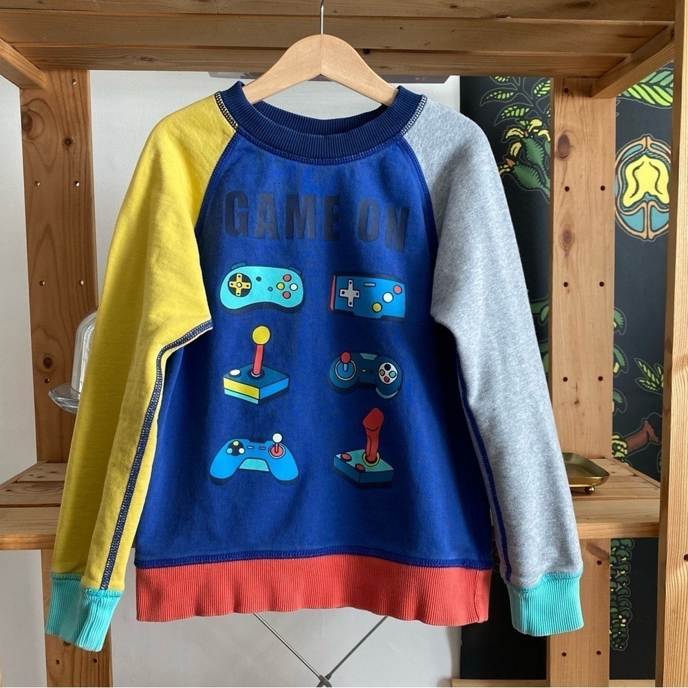 Hanna Andersson Blue Yellow Gray Colorblock Gamer Controls Crewneck Sweatshirt 6 - Picture 2 of 12